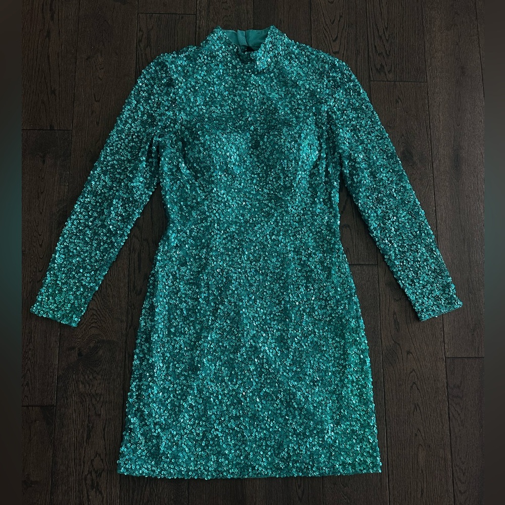 Ashley Lauren Sequined Long Sleeve Mini Dress in Jade - Picture 1 of 10
